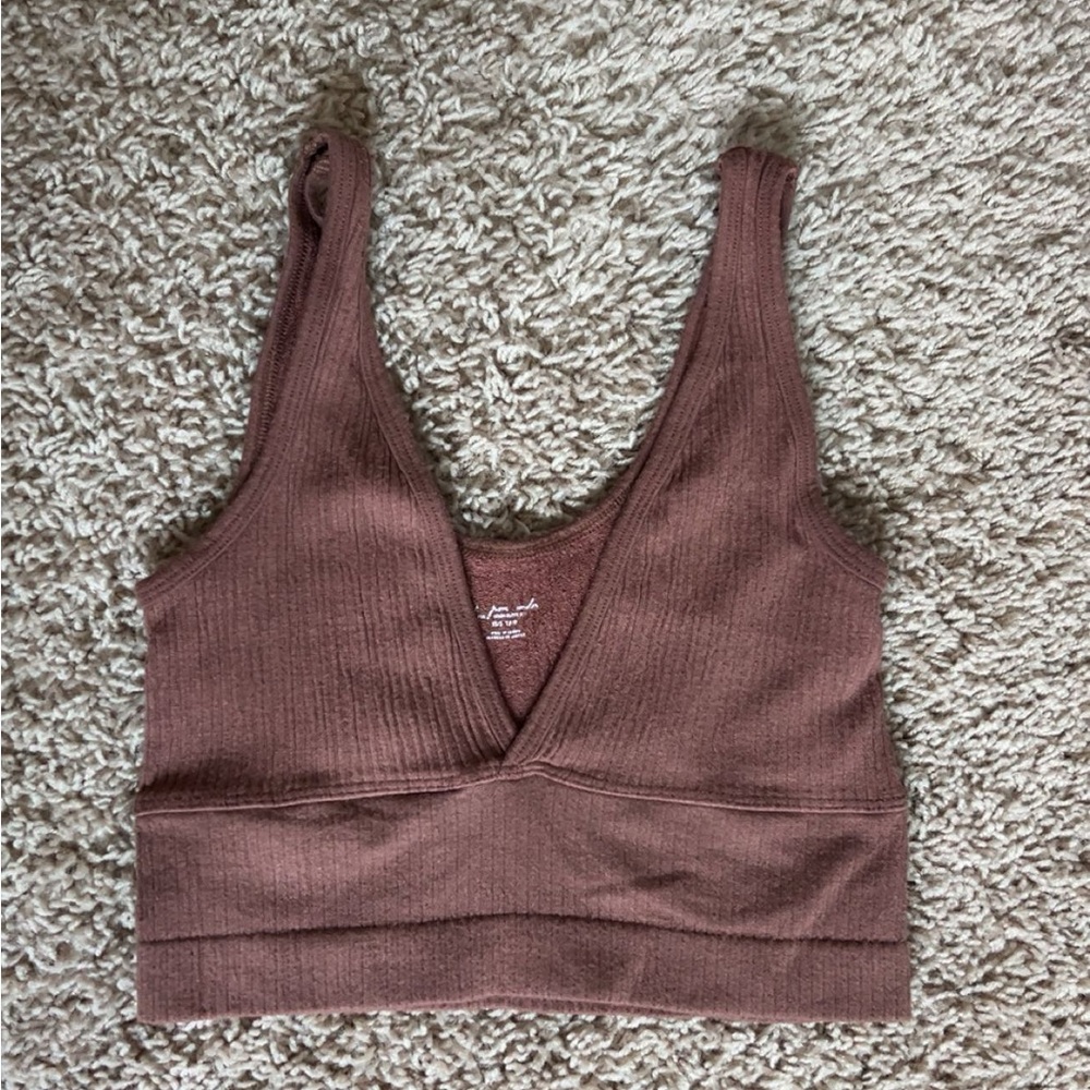 Brown Ribbed V-Neck Crop Top